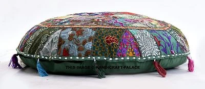 Funda de cojín de almohada de piso redondo verde de 32" hecha a mano decoración bohemia india Foto 1 de 4