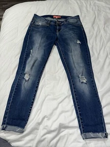 YMI WannaBettaButt Jeans Juniors 9 Blue Low Waist Raw Hem Distressed Washout - Picture 1 of 9