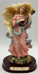 New Cute 4”x9” Angel Playing Lute Resin Figurine on Wooden Base - Picture 1 of 8