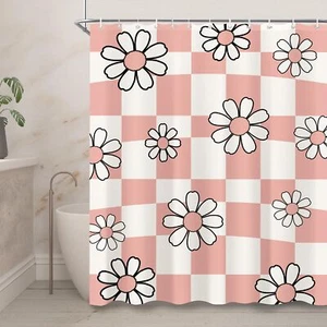 70s Retro Pink Checkered Daisy Shower Curtain 60"X72" Flower Checkerboard Cut... - Picture 1 of 8