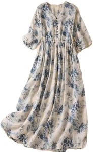 Elegantes langes Damenkleid Vintage Baumwolle Kurzarm Print Damen Sommer Gr. XXL - Bild 1 von 12