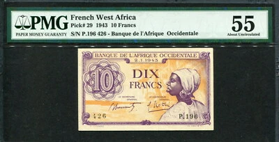 French West Africa 1943, 10 Francs, P29, PMG 55 AUNC - Image 1 of 2