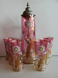 Kanne sechs Gläser Antik Böhmisch Jugendstil Harrachov Handbemalt Glas 1880 - Bild 1 von 11