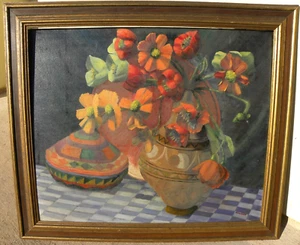 Southwest influenced vintage still life painting flowers & Mexican pottery 1940s - Picture 1 of 14