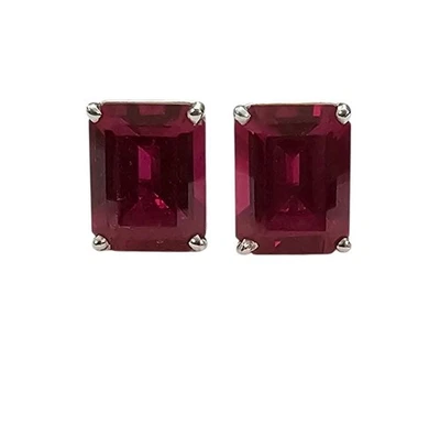 14K White Gold Emerald Cut Lab Created Ruby Post Earrings - Image 1 of 4