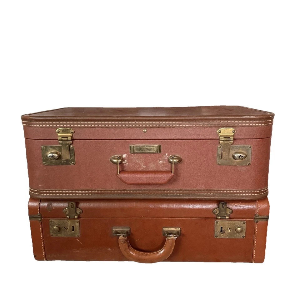 2 Vintage Leather Suitcases - Wedding Card Box or Boho / Rustic Home Decor - Image 1 of 4