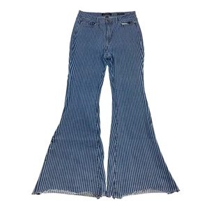 Judy Blue Super Flare Jeans Womens 31x32 Blue White Striped Raw Hem Hippie Boho - Picture 1 of 12