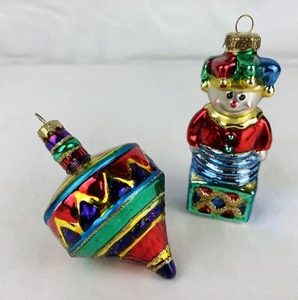 Vintage Christmas Ornaments 2pc Blown Glass Jack in The Box & Spinning Top Toys - Picture 1 of 7