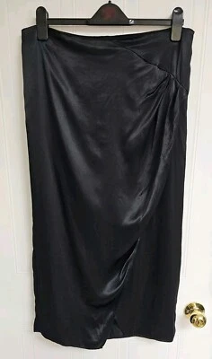 John Lewis Black Satin Midi Skirt Size 16 Ruched Faux Wrap - Image 1 of 4