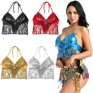 UK Women's Sequins Bra Top Fringe Tassel Latin Belly Dance Top Halter Dancewear - Picture 1 of 54