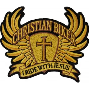 Embroidered Patch (Iron-On), Christian Biker I Ride With Jesus Angel Wings Cross - Picture 1 of 4