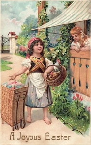 A Joyous Easter Little Girl With Colored Eggs & Hens Vintage Easter Postcard - Picture 1 of 2