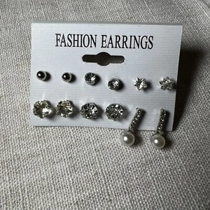 Fashion Earrings 6 Pairs Studs Variety Pack Silver Toned - Picture 1 of 2