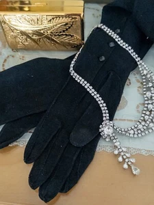 Vintage 1920s Black Lightweight Suede Opera Length Gloves with Faceted Buttons - Picture 1 of 5