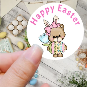 Happy Easter Pink Bear Stickers 45mm Sheet of 24 Party Bag choice of designs - Picture 1 of 4
