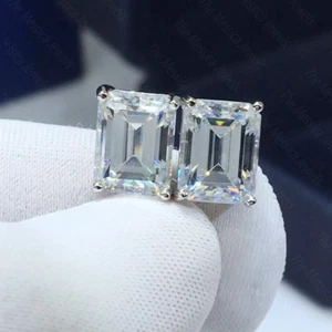 6x4 mm Emerald Cut Moissanite Push Back Solitaire Earring 14k White Gold Plated - Picture 1 of 12