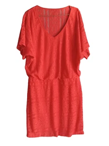 Bisou Bisou Women's Dress Lined Coral Size 10 Lace Blouson Sleeve V Neck - Picture 1 of 9