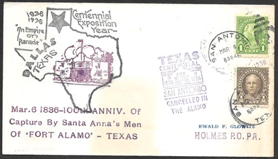 San Antonio TX, 100th Anniversary Fall of Alamo to Santa Anna Cachet Cover 1935 - Image 1 of 3
