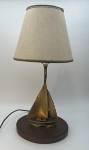 Vintage 60’s MCM Solid Brass Sailboat Table Lamp with Wood Base 17” Rare - Picture 1 of 8