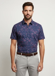 John Varvatos Shirt Men's XL Navy Blue Button Up Floral Short Sleeve Collared - Picture 1 of 8