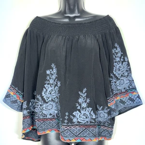 Blusa negra Johnny Was Workshop Top de seda S Tahndi bordada al hombro - Imagen 1 de 9