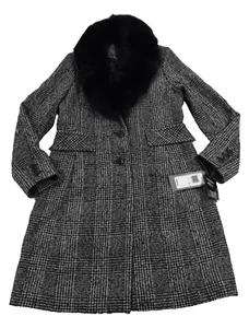 Forecaster Of Boston Women Wool Coat Jacket New Size 6 Black Plaid Fur Collar - Picture 1 of 10