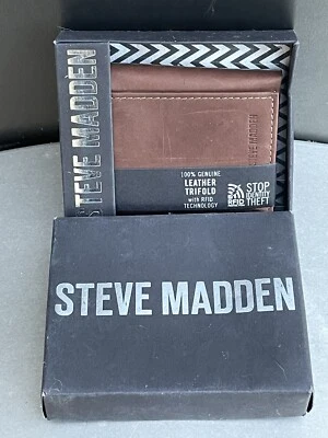 Steve Madden Genuine Leather Trifold Wallet, RFID Protection - Brown NEW - Image 1 of 4