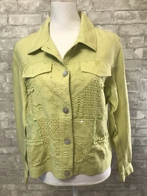 Coldwater Creek M Nueva Chaqueta de Lino Verde Lima Lg SLV Bordada Crochet Botón Foto 1 de 4