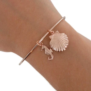 Ky & Co Made in USA Shell Sea Horse Charm Bangle Bracelet One Sz Rose Gold Tone - Picture 1 of 3