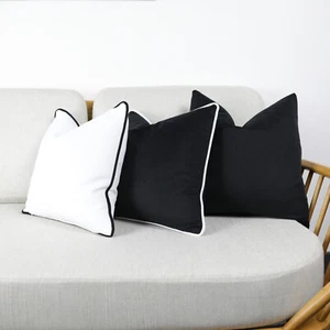 Black Monochrome Plush Velvet Scatter Cushion Covers with Contrasting Piping  - Picture 1 of 14