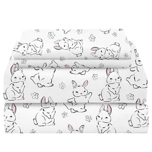 Cartoon Bunny Girls Bed Sheet Set Full Size,Cute Bunny Flowers Pattern White ... - Picture 1 of 9