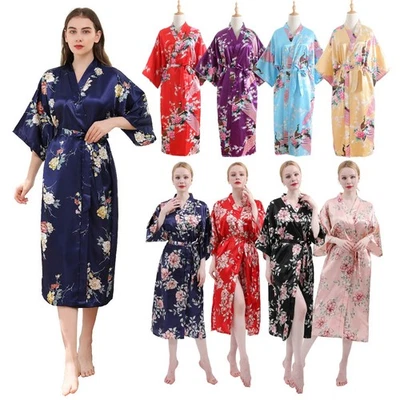 Women's Luxe Satin Kimono Nightdress Long Soft Elegant Peony Cherry BlossomPrint - Image 1 of 4