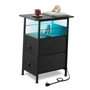 Narrow Side Table with Charging Station, End Table with LED Light, 2 Fabric - Picture 1 of 7