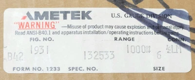 AMETEK 6" B42 1931 132533 100 psi a 1000 psi PSI Calibre 1/2 LM CONECTOR 1/4" Foto 1 de 4