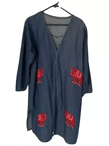 Unisex Size Medium/Large Denim Open Front Long Embroidered Elephants Robe - Picture 1 of 8