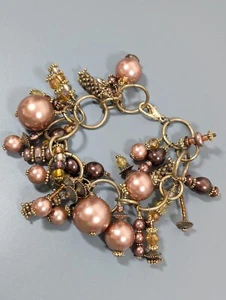 Beige Champagne Faux Pearl Charm Cha Cha Bronze Tone Bracelet 9 in - Picture 1 of 8