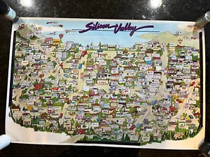 Vintage 1985 Silicon Valley Poster Birds Eye View Map Tech Start Up Companies - Picture 1 of 21