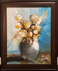 Original Stillleben Gemälde Blumen in Vase Abstrakt Kühne Kunst Signiert Gerahmt - Bild 1 von 5
