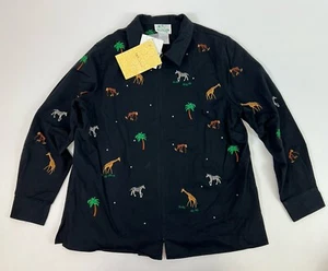 QVC Quacker Factory Black Full Zip Shirt Jacket Zoo Animals Palm Trees Size L - Picture 1 of 6