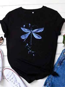Plus Size Casual T-shirt Women's Plus Dragonfly Print Short Sleeve Round Neck - Picture 1 of 18