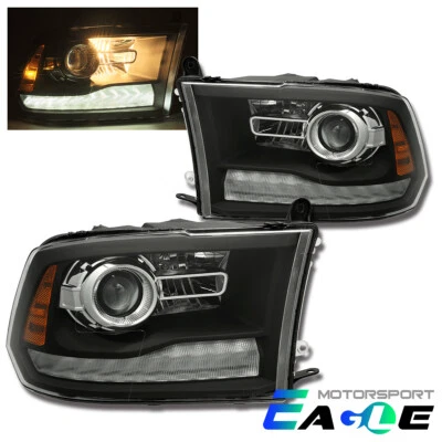 For 2009-2018 Dodge Ram 1500/2500/3500 Black DRL Projector Halogen Headlights - Image 1 of 4