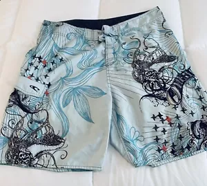 Vintage Oneill Blue & Black Floral Skulls Board Shorts Trunks Size Waist 38 - Picture 1 of 13