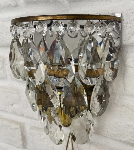 Matching Pair of Antique Vintage Brass & Crystals Wall Sconces Chandelier Lamp Cover