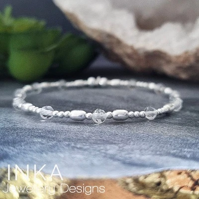 Pulsera apilable de plata de ley 925 y cuarzo roca con cuentas con dije de etiqueta inka Foto 1 de 4