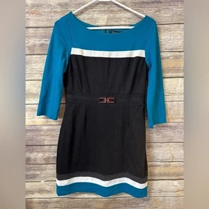 White House Black Market Dress 6 Teal White Black Color Block Dress Shift - Picture 1 of 6