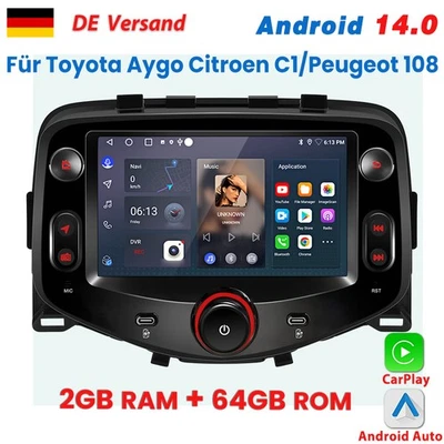 2+64GB Carplay Autoradio Android GPS Navi Für Toyota Aygo Citroen C1/Peugeot 108 - Bild 1 von 4