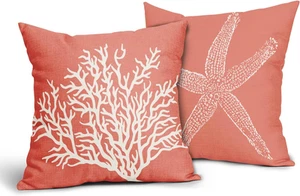 Coastal Coral Throw Pillow Covers 20X20 Inch Set of 2 Starfish Beach Nautical Pi - Picture 1 of 12