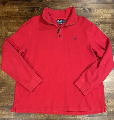 Suéter masculino Polo Ralph Lauren Natal vermelho quarto de zíper XL malha de cabo de algodão - Imagem 1 de 4