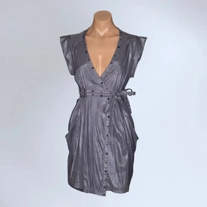Ya Los Angeles Edgy Metallic Gray Wrap Size L Studded V-Neck Party Dress  - Picture 1 of 15