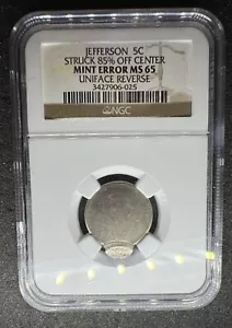 JEFFERSON 5C STRUCK 85% OFF CENTER MINT ERROR MS 65 UNIFACE REVERSE - Picture 1 of 4